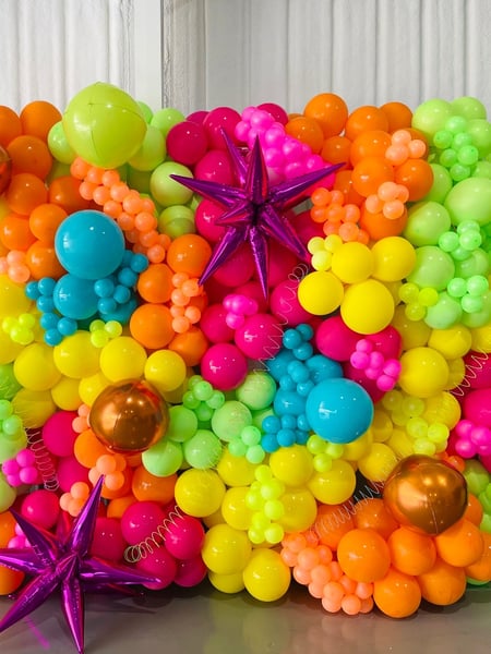 Image of  Balloon Decor, Arrangement Type, Balloon Wall, Balloon Composition, Colors, Blue, Yellow, Green, Pink