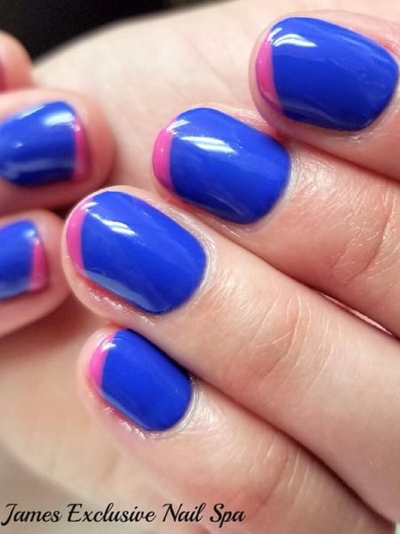Image of  Nails, Manicure, Gel, Nail Finish, Short, Nail Length, Blue, Nail Color, Color Block, Nail Style, Hand Painted, Almond, Nail Shape
