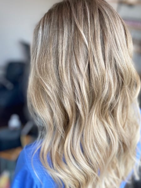 Image of  Women's Hair, Hair Color, Blowout, Balayage, Blonde, Foilayage, Highlights, Medium Length, Hair Length, Layered, Haircuts, Blunt, Beachy Waves, Hairstyles