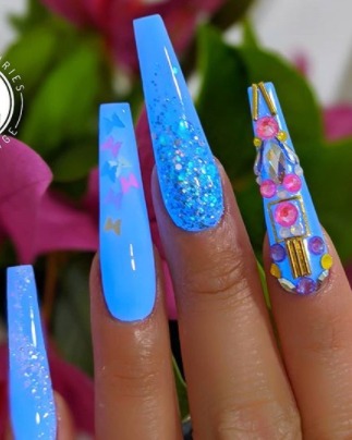 Image of  Nails, Nail Color, Blue, Glitter, Metallic, Neon, Acrylic, Nail Finish, Long, Nail Length, Stiletto, Nail Shape, Accent Nail, Nail Style, Hand Painted, Jewels, Mix-and-Match