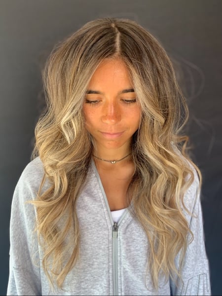 Image of  Layered, Haircuts, Women's Hair, Beachy Waves, Hairstyles, Curly, Hair Color, Highlights, Blonde, Foilayage, Balayage, Brunette, Long, Hair Length, Medium Length