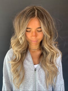 View Balayage, Foilayage, Blonde, Highlights, Hair Color, Curly, Hairstyles, Beachy Waves, Women's Hair, Haircuts, Layered, Medium Length, Hair Length, Long, Brunette - Samantha Casillo, Little Falls, NJ