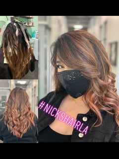 View Women's Hair, Balayage, Hair Color, Brunette, Red, Highlights, Foilayage, Long, Hair Length, Layered, Haircuts, Curly, Beachy Waves, Hairstyles, Curly - Nickolas Teague, Burbank, CA