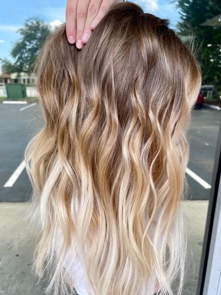 Image of  Women's Hair, Blowout, Hair Color, Balayage, Blonde, Foilayage, Highlights, Hair Length, Long, Haircuts, Layered, Hairstyles, Beachy Waves, Curly