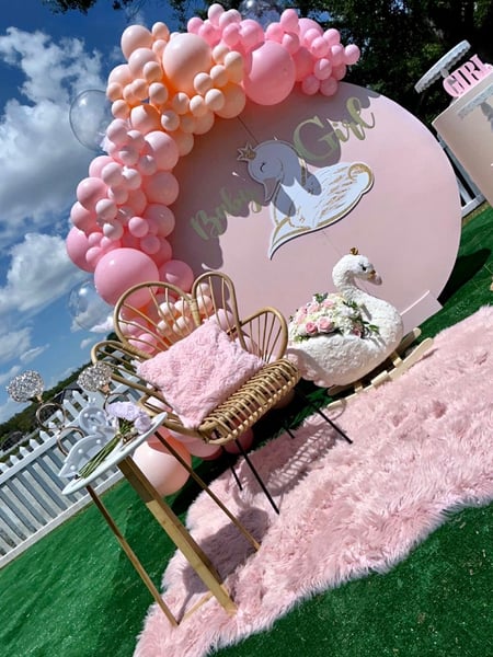 Image of  Balloon Decor, Arrangement Type, Balloon Arch, Event Type, Baby Shower, Colors, Pink, Accents, Flowers, Neon, Custom Sweets, Occasion, Baby Shower, Beige, Banner