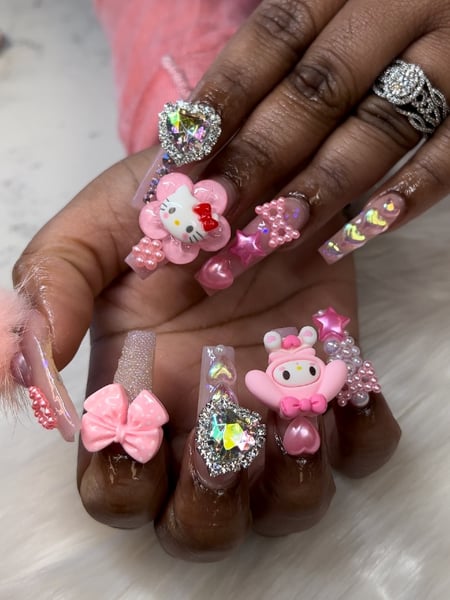 Image of  Nails, Pink, 3D, Glitter, Coffin, Nail Style, Nail Color, Nail Jewels, Nail Length, Manicure, Long, Mix-and-Match, Nail Shape, Nail Service Type