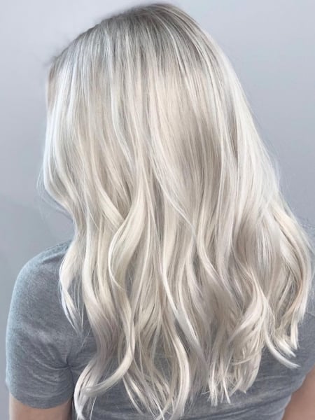 Image of  Women's Hair, Blonde, Hair Color, Silver, Highlights, Long, Hair Length, Medium Length, Haircuts, Layered