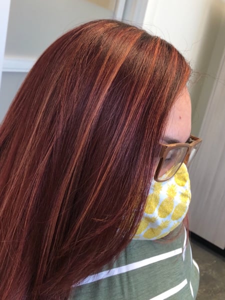 Image of  Women's Hair, Balayage, Hair Color, Color Correction, Fashion Color, Full Color, Highlights, Red, Long, Hair Length, Layered, Haircuts