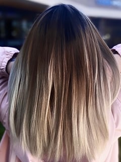 View Hairstyle, Straight, Haircut, Blunt (Women's Haircut), Hair Length, Long Hair (Upper Back Length), Blowout, Hair Color, Foilayage, Women's Hair - Echo Vaughn, Arvada, CO