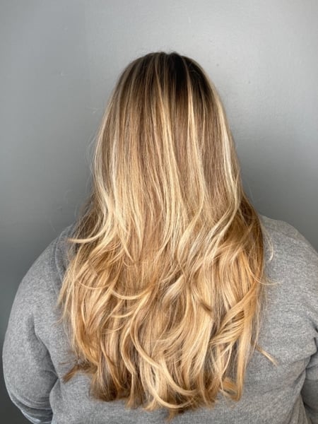 Image of  Women's Hair, Hair Color, Blonde, Blowout, Color Correction, Foilayage, Highlights, Long, Hair Length, Layered, Haircuts, Curly, Hairstyles
