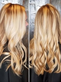 View Long Hair (Mid Back Length), Highlights, Foilayage, Blonde, Balayage, Hair Color, Hairstyle, Beachy Waves, Hair Length, Women's Hair - Katharyn Greer, Arlington, TN
