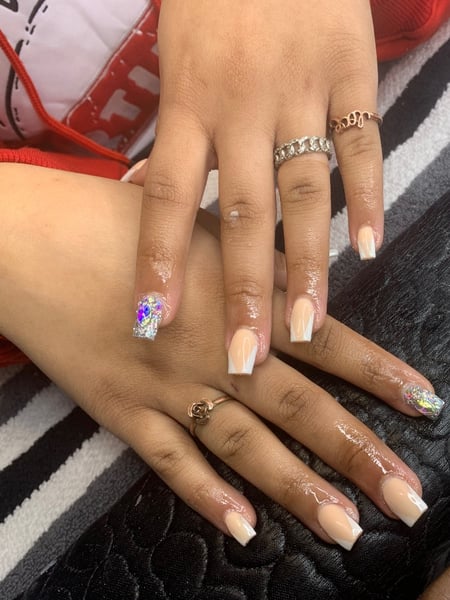 Image of  Short, Nail Length, Nails, Nail Art, Nail Style, Hand Painted, Nail Jewels, French Manicure, Reverse French, White, Nail Color, Glitter, Beige, Acrylic, Nail Finish, Square, Nail Shape