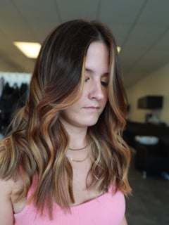 View Women's Hair, Hair Color, Balayage, Blonde, Color Correction, Brunette, Highlights, Hair Length, Shoulder Length, Beachy Waves, Hairstyles - Kalie Clunk, North Olmsted, OH