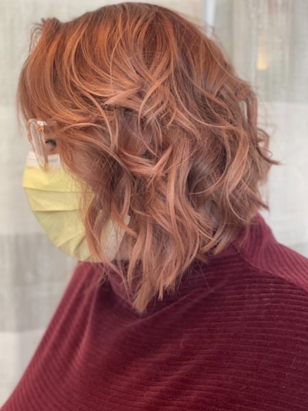 Image of  Women's Hair, Blowout, Hair Color, Blonde, Foilayage, Fashion Color, Full Color, Highlights, Ombré, Red, Short Chin Length, Hair Length, Bangs, Haircuts, Beachy Waves, Hairstyles, Curly