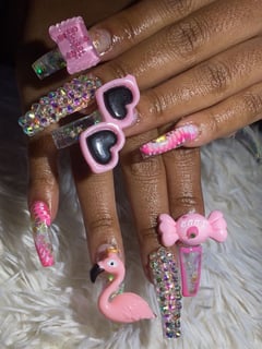 View Hand Painted, Pink, Nail Shape, Square, 3D, Glitter, Mix-and-Match, Nail Art, Jewels, Nail Style, Nails, Acrylic, Nail Finish, Long, Nail Length, Nail Color, Glass - Blyke Barbie, Jacksonville, FL