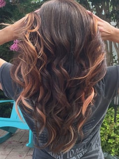 View Haircuts, Fashion Color, Brunette, Long, Hairstyles, Beachy Waves, Women's Hair, Hair Color, Layered, Hair Length, Hair Extensions, Clip-In, Tape-In  - Tina Scalera, Seaford, NY