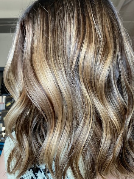 Image of  Hair Length, Women's Hair, Shoulder Length, Short Chin Length, Bangs, Haircuts, Blunt, Layered, Hair Color, Highlights, Full Color, Brunette, Foilayage, Balayage, Blonde, Blowout, Hairstyles, Curly, Beachy Waves, Hair Extensions