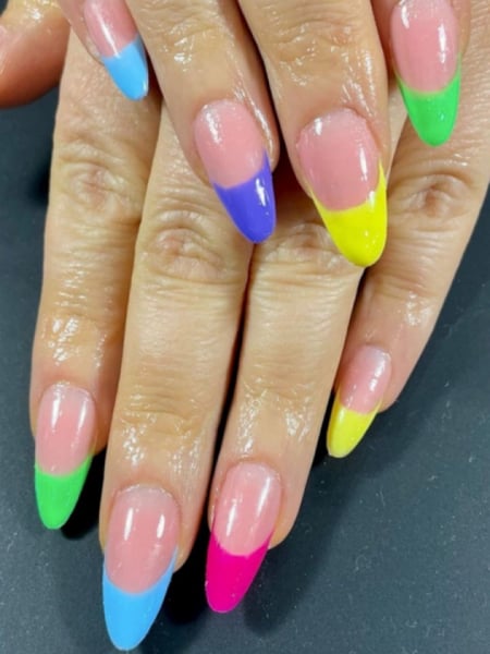 Image of  Medium, Nail Length, Nails, Hand Painted, Nail Style, French Manicure, Color Block, Yellow, Nail Color, Light Green, Purple, Blue, Green, Gel, Nail Finish