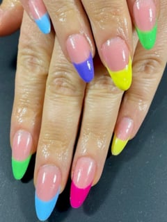 View Medium, Nail Length, Nails, Hand Painted, Nail Style, French Manicure, Color Block, Yellow, Nail Color, Light Green, Purple, Blue, Green, Gel, Nail Finish - Cure Studios, Austin, TX