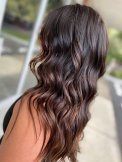 View Hair Color, Blowout, Women's Hair, Hairstyle, Beachy Waves, Hair Length, Long Hair (Mid Back Length), Foilayage, Brunette Hair, Balayage - Ashley Blevins, Oviedo, FL