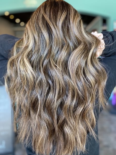 Image of  Women's Hair, Balayage, Hair Color, Foilayage, Brunette, Blonde, Color Correction, Long, Hair Length, Layered, Haircuts, Beachy Waves, Hairstyles