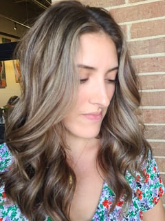 View Haircut, Hair Color, Brunette Hair, Foilayage, Blowout, Highlights, Long Hair (Mid Back Length), Hair Length, Hairstyle, Layers, Beachy Waves, Women's Hair - Justyna Taunt, Wheaton, IL