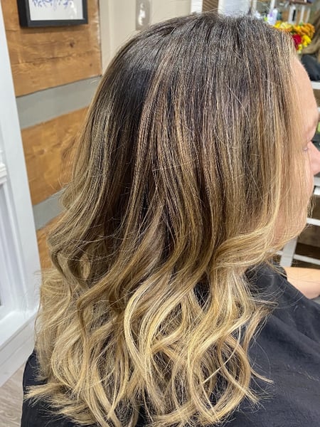 Image of  Layered, Haircuts, Women's Hair, Hairstyles, Beachy Waves, Curly, Balayage, Hair Color, Ombré, Blonde, Foilayage, Full Color, Medium Length, Hair Length