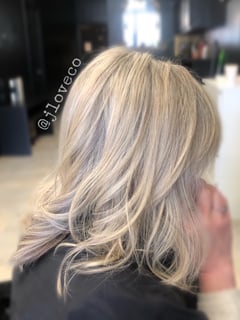 View Hair Color, Highlights, Hair Restoration, Layered, Curly, Hairstyles, Blowout, Women's Hair, Hair Length, Shoulder Length, Haircuts, Blonde - Jessica Deiss, Spring, TX