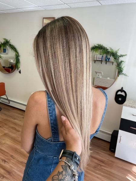 Image of  Long, Hair Length, Women's Hair, Layered, Haircuts, Foilayage, Hair Color, Highlights, Color Correction, Blonde, Balayage, Blowout, Hairstyles, Straight