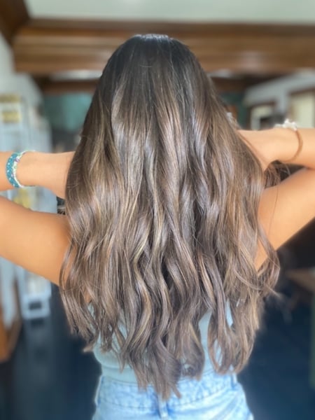 Image of  Women's Hair, Balayage, Hair Color, Brunette, Foilayage, Hair Length, Long, Layered, Haircuts, Beachy Waves, Hairstyles