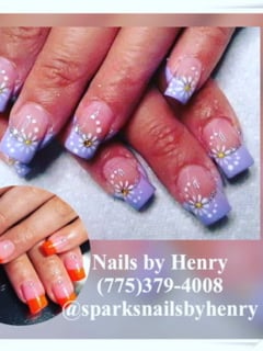 View Nail Finish, Nail Style, Nail Art, Nails, Nail Length, Short, Acrylic, Orange, Nail Color, Purple, Airbrush - Henry Lopez, Sparks, NV