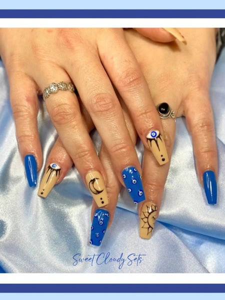 Image of  Nails, Manicure, Gel, Nail Finish, Medium, Nail Length, Beige, Nail Color, Black, Blue, Accent Nail, Nail Style, Hand Painted, Mix-and-Match, Nail Art, Ballerina, Nail Shape, Coffin, Square, 3D