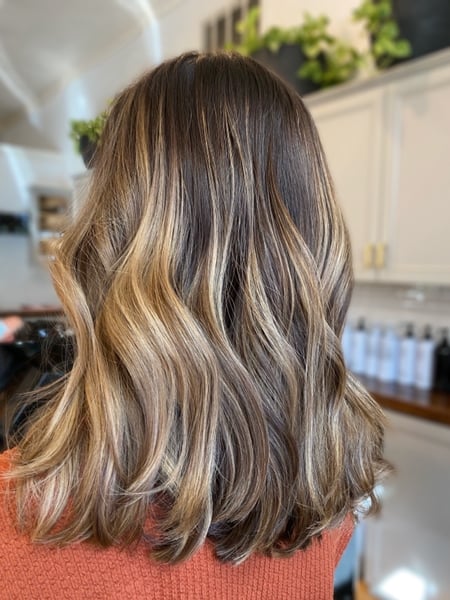 Image of  Women's Hair, Blowout, Hair Color, Balayage, Blonde, Foilayage, Highlights, Ombré, Hair Length, Medium Length, Haircuts, Layered, Beachy Waves, Hairstyles, Curly