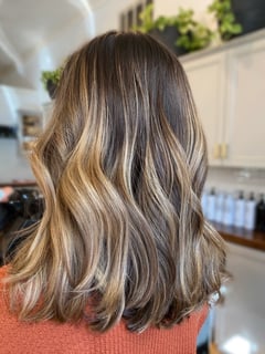 View Blonde, Curls, Hairstyle, Beachy Waves, Layers, Haircut, Long Hair (Upper Back Length), Hair Length, Ombré, Highlights, Foilayage, Balayage, Hair Color, Blowout, Women's Hair - Madeline Egan, Kingston, MA