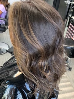 View Hair Color, Hairstyles, Beachy Waves, Layered, Haircuts, Curly, Hair Length, Medium Length, Foilayage, Highlights, Brunette, Blonde, Women's Hair - Cae Andrews, Henderson, NV