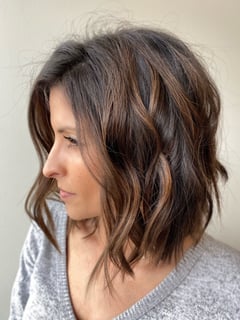 View Hair Color, Hairstyle, Beachy Waves, Haircut, Curly, Hair Length, Women's Hair, Shoulder Length Hair, Foilayage, Brunette Hair, Balayage, Blowout - Christine Frank , Spring, TX