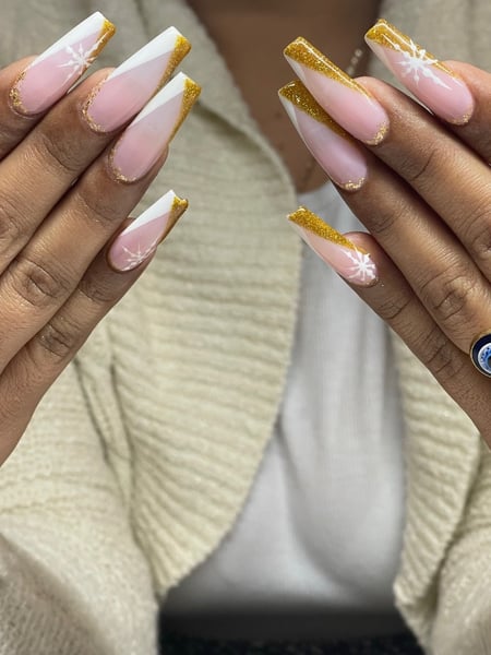 Image of  Long, Nail Length, Nails, Nail Art, Nail Style, Accent Nail, Hand Painted, French Manicure, White, Nail Color, Glitter, Gold, Manicure, Gel, Nail Finish, Coffin, Nail Shape
