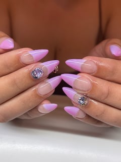 View Stiletto, French Manicure, Nail Style, Nail Jewels, Nail Art, Medium, Nail Length, Long, Hand Painted, Purple, Nail Color, Pink, Gel, Nail Finish, Almond, Nail Shape, Manicure, Nails - Becky Stahnke, Portland, OR