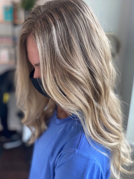 Image of  Women's Hair, Blowout, Hair Color, Balayage, Blonde, Foilayage, Highlights, Medium Length, Hair Length, Blunt, Haircuts, Layered, Beachy Waves, Hairstyles