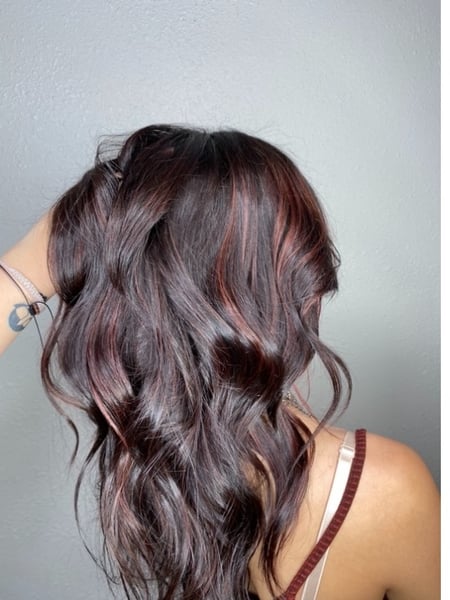 Image of  Women's Hair, Hair Color, Blowout, Brunette, Highlights, Red, Curly, Hairstyles