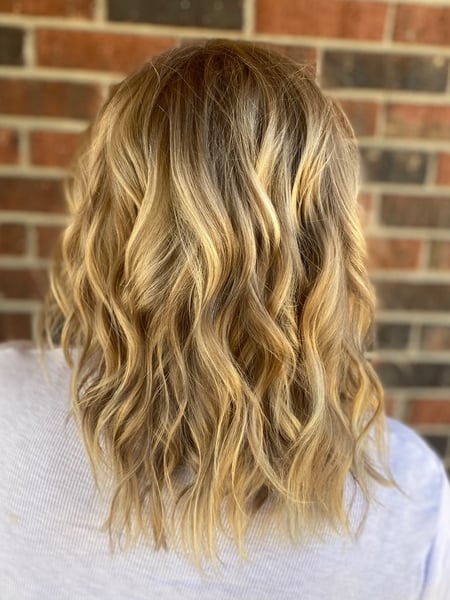 Image of  Women's Hair, Hair Color, Balayage, Blonde, Foilayage, Highlights, Hair Length, Shoulder Length, Haircuts, Layered, Beachy Waves, Hairstyles, Curly