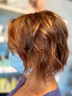 View Women's Hair, Hair Color, Brunette, Fashion Color, Red, Highlights, Short Chin Length, Hair Length, Bob, Haircuts, Blunt, Hairstyles, Beachy Waves - Kathryn Tomei , Geneva, IL