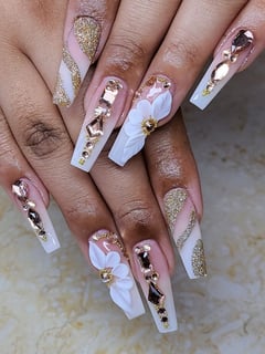 View Coffin, Nails, Acrylic, Nail Finish, Nail Length, Long, Glitter, Nail Color, Gold, Pink, White, Ombré, Nail Style, Nail Jewels, 3D, Nail Shape - Ivet Campos , West Palm Beach, FL