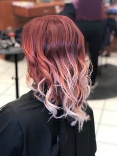 View Women's Hair, Hairstyle, Beachy Waves, Haircut, Layers, Hair Length, Shoulder Length Hair, Red, Ombré, Foilayage, Fashion Hair Color, Balayage, Hair Color, Blowout - Ashley Barnhart, Sterling Heights, MI