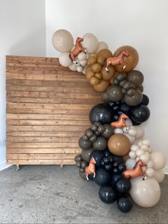View Balloon Decor, Arrangement Type, Helium Bouquet, Balloon Wall, Balloon Composition, Balloon Garland, Event Type, Birthday, Colors, Black, Brown, Accents, Characters, Balloon Column, Beige - Devine Kreations, Los Angeles, CA