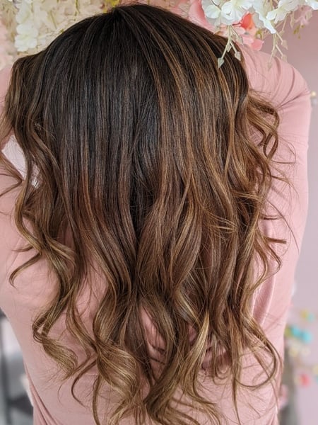 Image of  Women's Hair, Blowout, Hair Color, Foilayage, Brunette, Hair Length, Long, Haircuts, Layered, Hairstyles, Beachy Waves