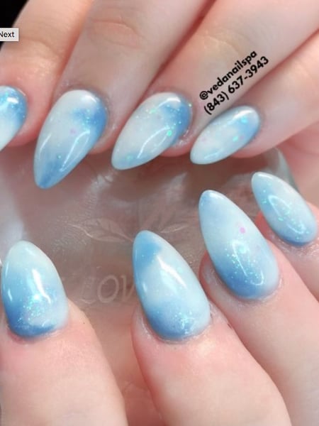 Image of  Nails, Blue, Nail Color, Glitter, White, Gel, Nail Finish, Medium, Nail Length, Stiletto, Nail Shape