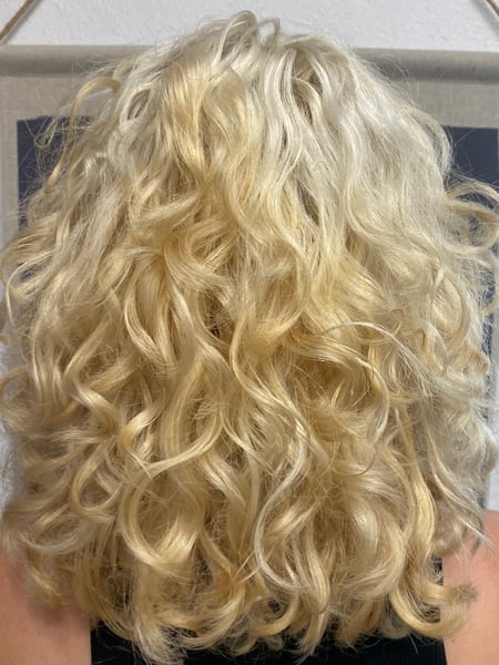 Image of  Shoulder Length, Hair Length, Women's Hair, Curly, Haircuts, Layered, Blonde, Hair Color