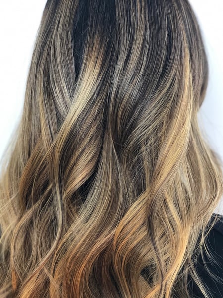 Image of  Women's Hair, Hair Color, Blonde, Foilayage, Long Hair (Upper Back Length), Hair Length, Layers, Haircut, Beachy Waves, Hairstyle