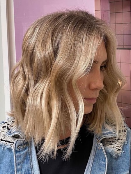 Image of  Women's Hair, Blonde, Hair Color, Balayage, Color Correction, Foilayage, Full Color, Highlights, Short Ear Length, Hair Length, Curly, Haircuts, Layered, Beachy Waves, Hairstyles, Curly, Protective